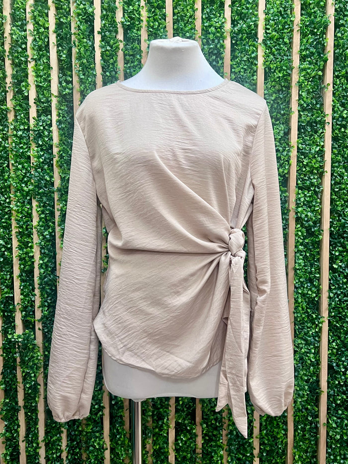 Oatmeal Round Neck Long Sleeve Front Tie Blouse