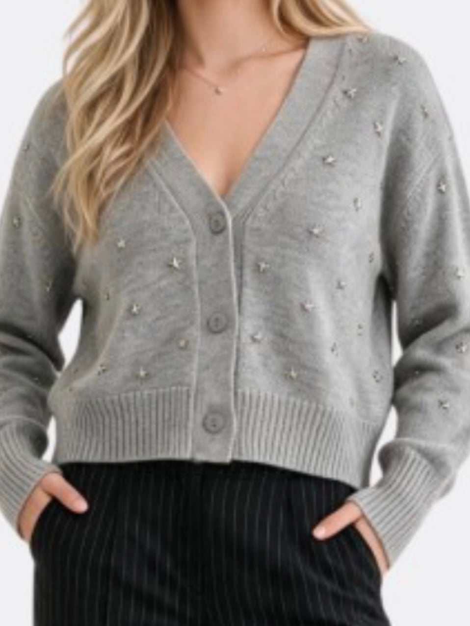 Grey Star Embellished V-Neck Cardigan
