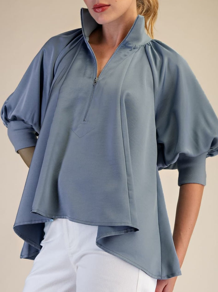High-Low Zip Collar Balloon Sleeve Top
