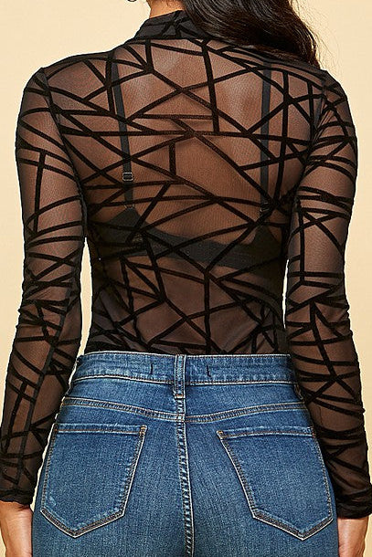 Black Abstract Stripes Print Mesh Long Sleeveless Bodysuit