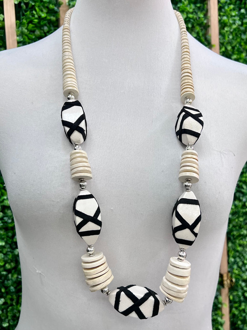 White Black Geo Wood Multi Bead Necklace