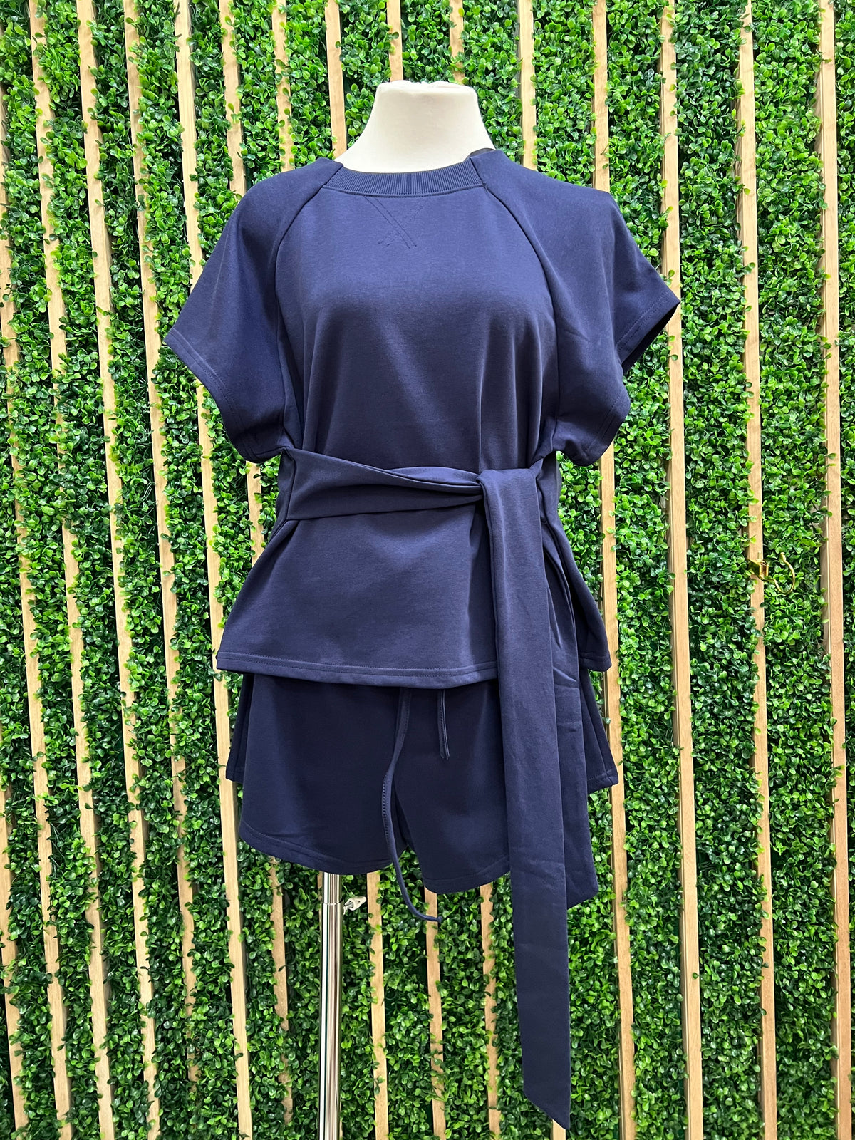 Navy Short Sleeve Knit Top And Short Pants Set