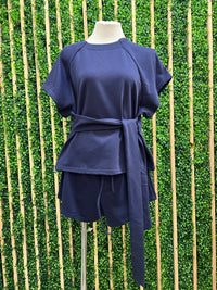 Navy Short Sleeve Knit Top And Short Pants Set