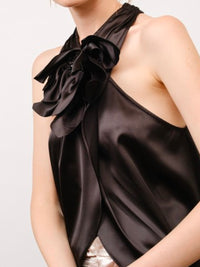 Black 3D Satin Flower Detail Top