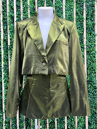 Metallic Olive Blazer Skirt Set