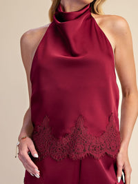 Satin Halter Top with Lace Trim
