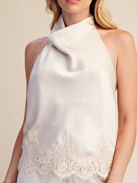 Satin Halter Top with Lace Trim