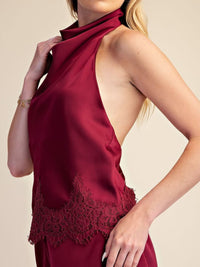 Satin Halter Top with Lace Trim