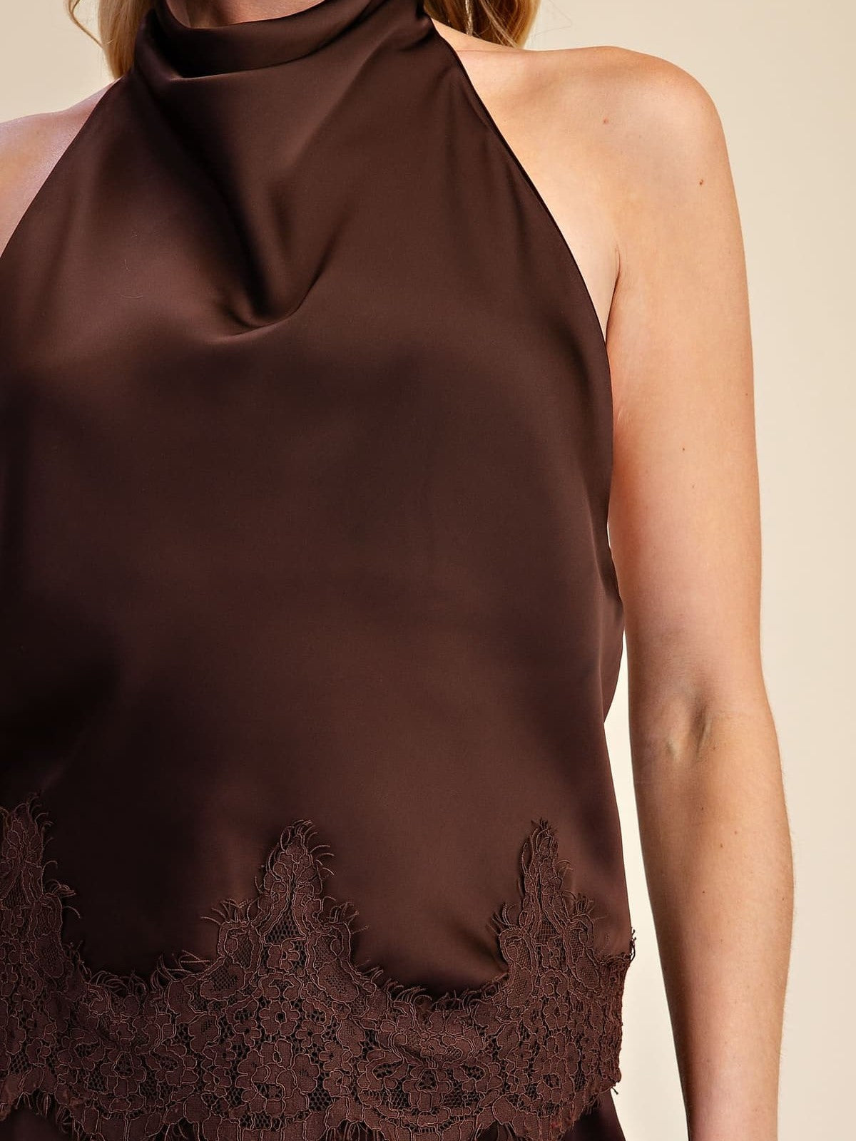 Satin Halter Top with Lace Trim