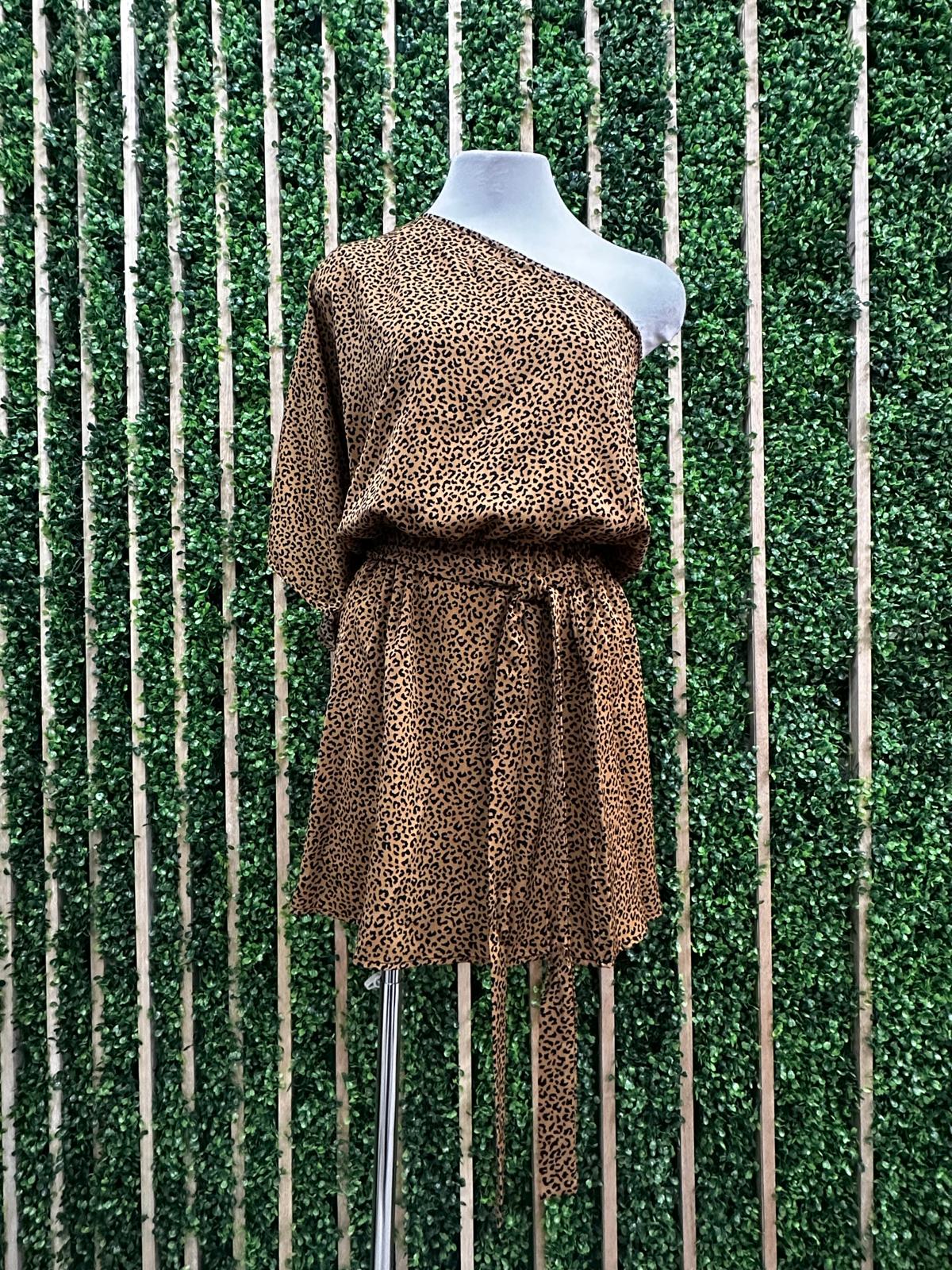 Camel Baby Leopard One Shoulder Short Dress