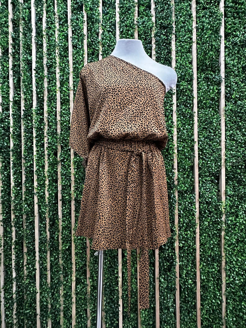 Camel Baby Leopard One Shoulder Short Dress