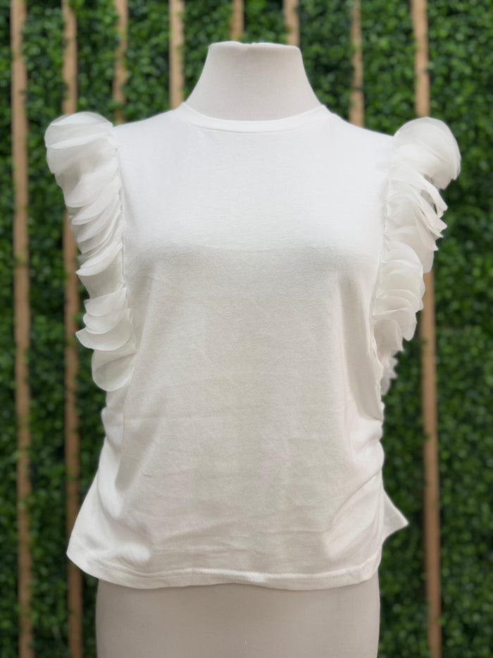 White Circle Trim Sleeves Top