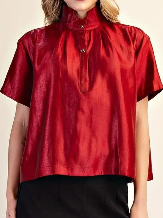 Elegant Metallic Mock Neck Short Sleeve Top