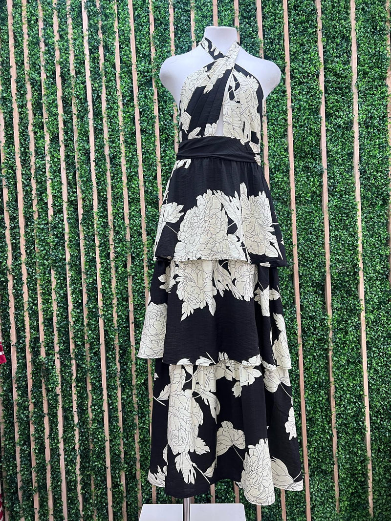 Black Cream Floral Cross Neck Tiered Long Dress