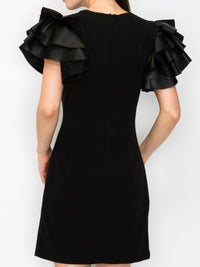 Black Faux Leather Ruffled Sleeves Short Dress