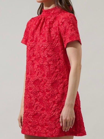 Red Floral Jacquard A Line Dress