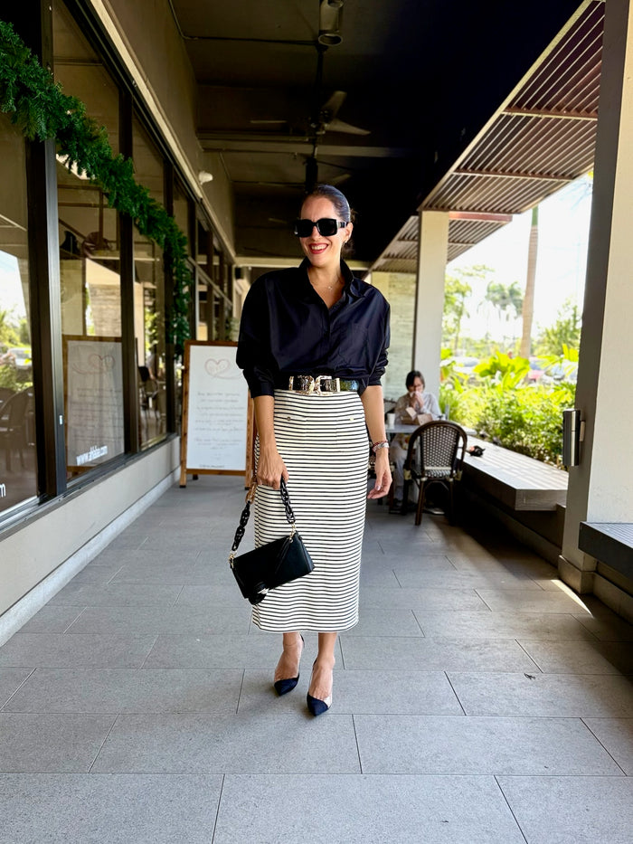 Ivory Black Striped Midi Skirt
