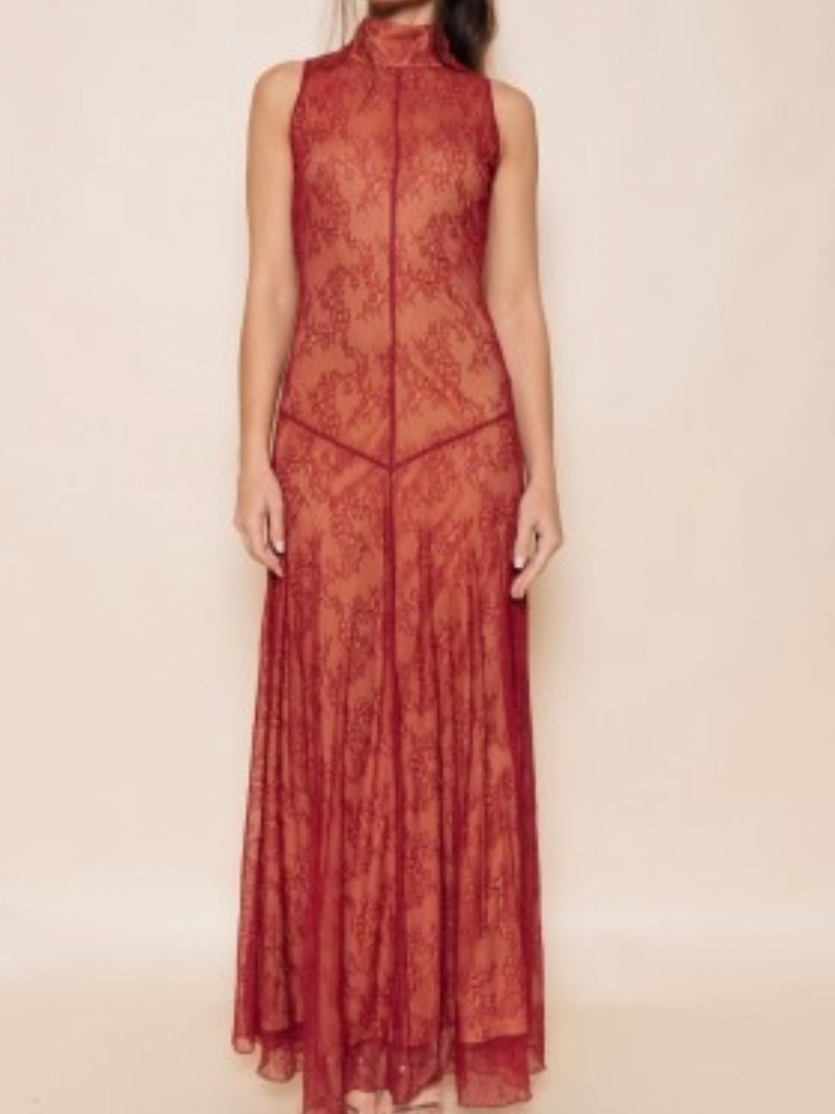 Beautiful Burgundy Sheer Lace Mock Neck Maxi Dress