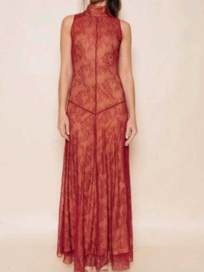 Beautiful Burgundy Sheer Lace Mock Neck Maxi Dress