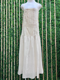 White Floral Embroidered Drop Waist Midi Dress