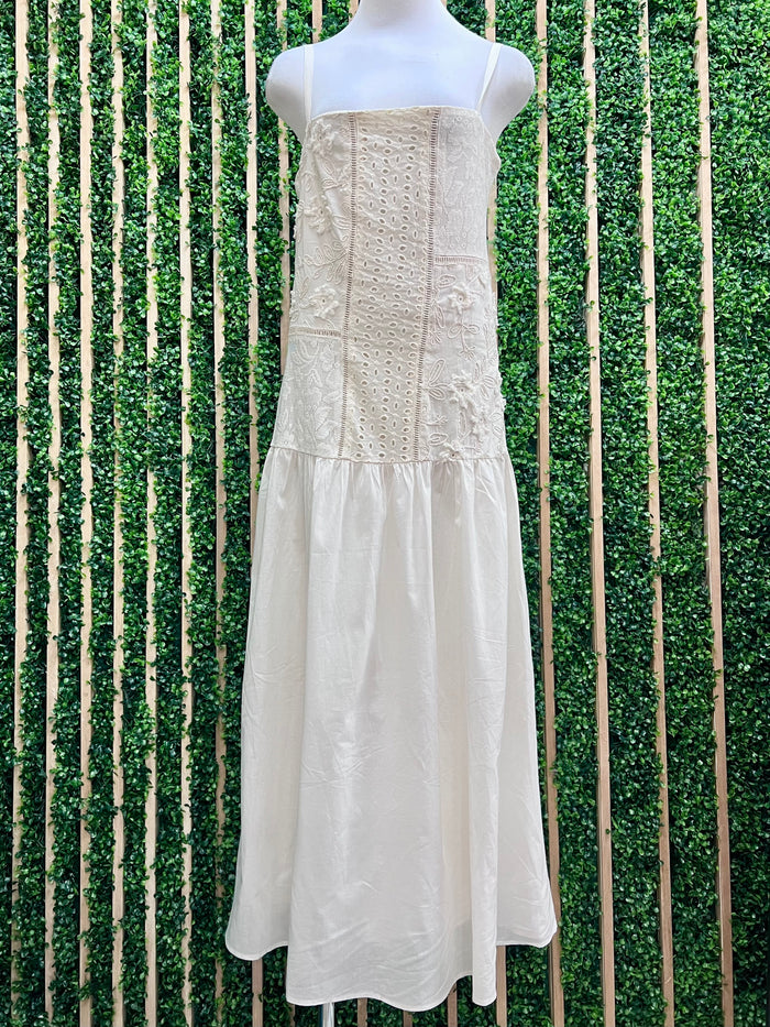 White Floral Embroidered Drop Waist Midi Dress