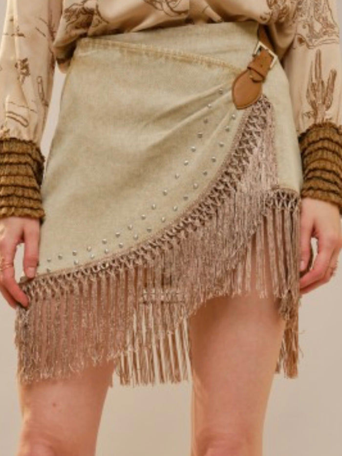 Camel Denim Fringe Wrap skirt