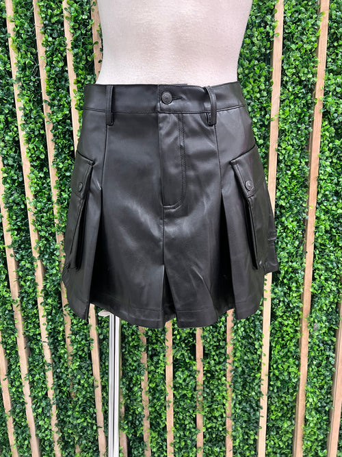 Black Pleated Pleather Skirt