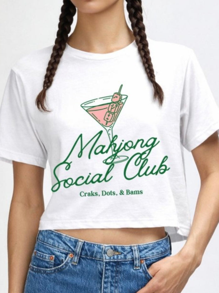 White Mahjong Social Club Graphic Crop Shirt
