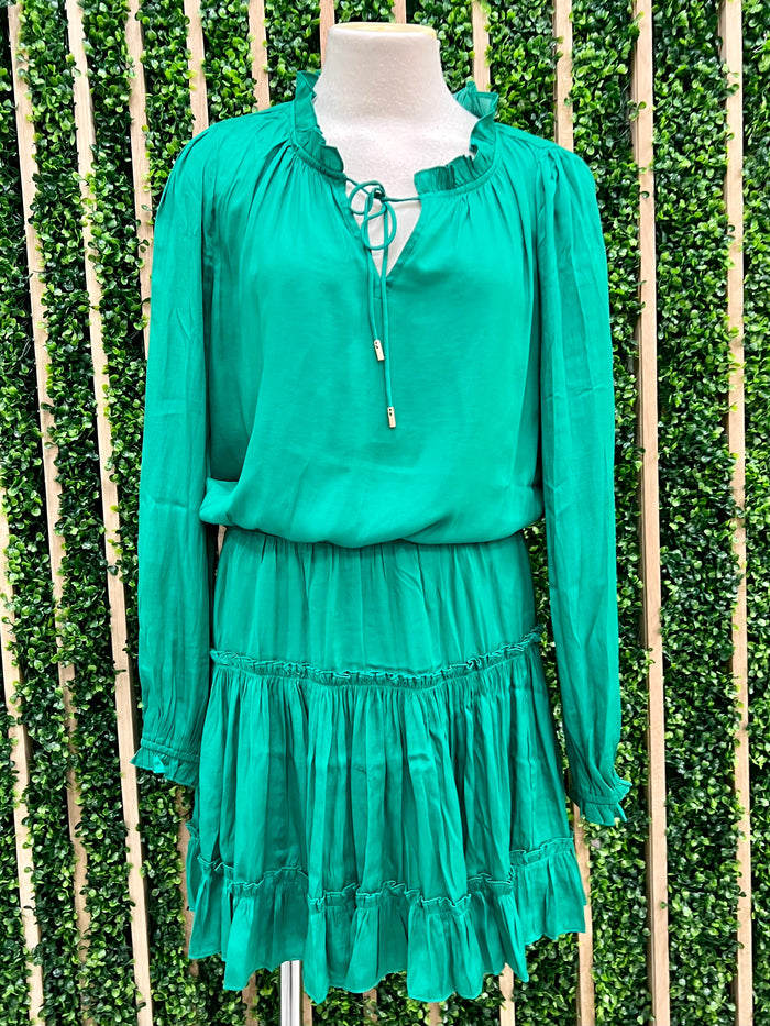 Kelly Green Long Sleeve Ruffled Short Dress