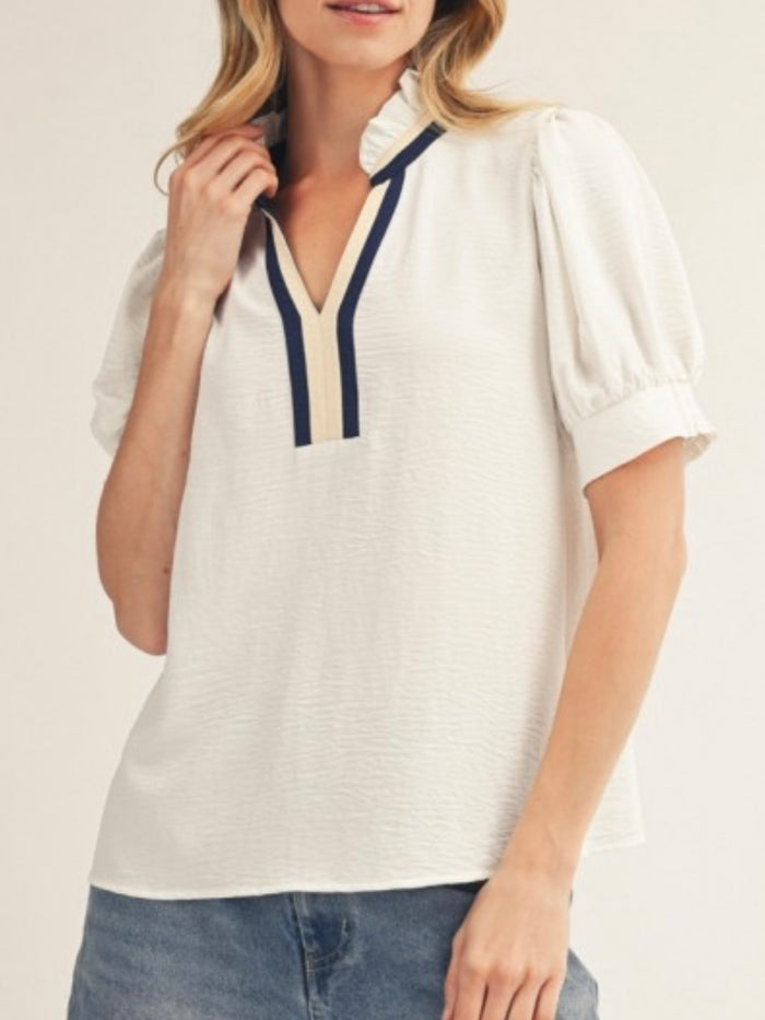 Classic White Puff Sleeve Blouse with Navy Contrast Trim