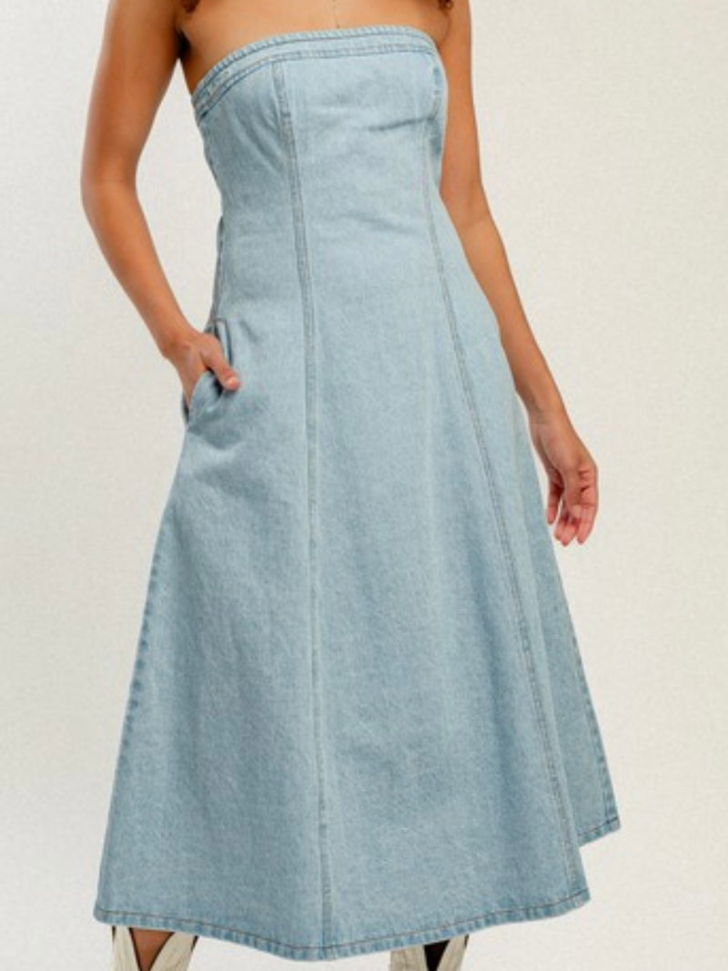 Strapless Denim Midi Dress