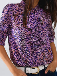 Purple Animal Print Neck Tie Blouse