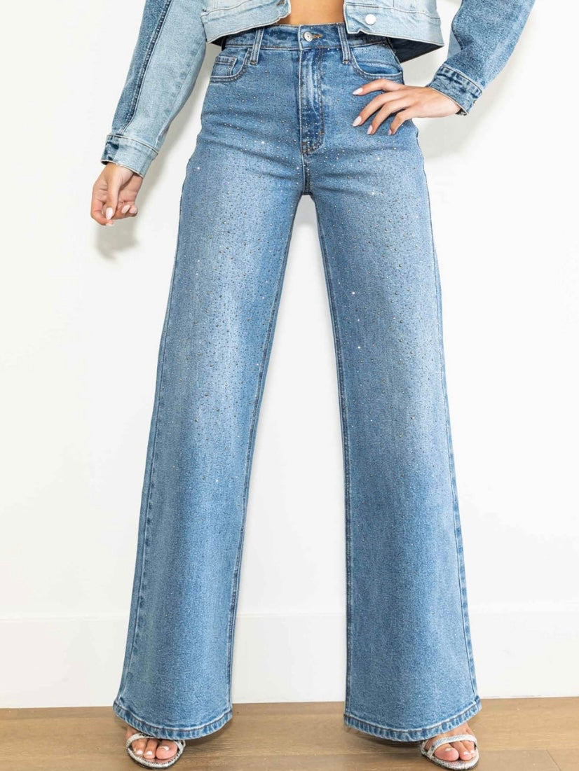 Rhinestone Studded Wide Leg Denim
