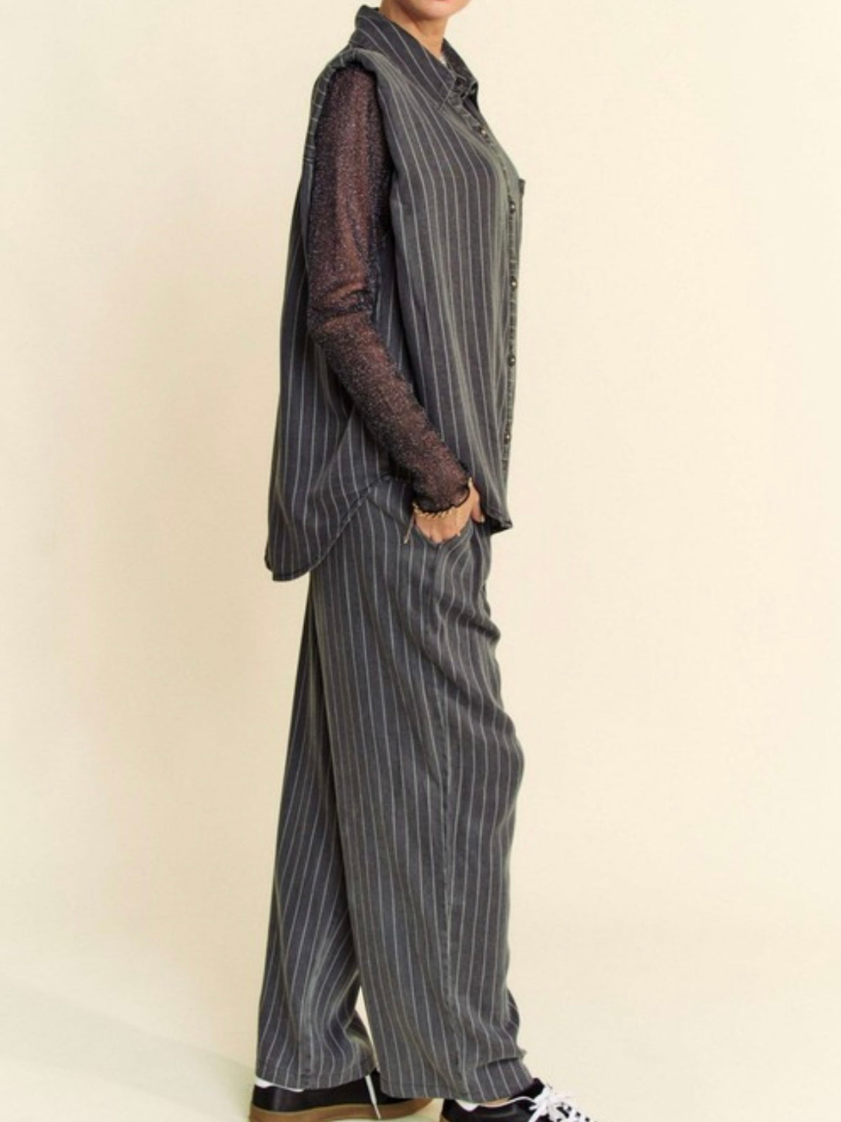 Stripe Muscle Sleeve Denim blouse