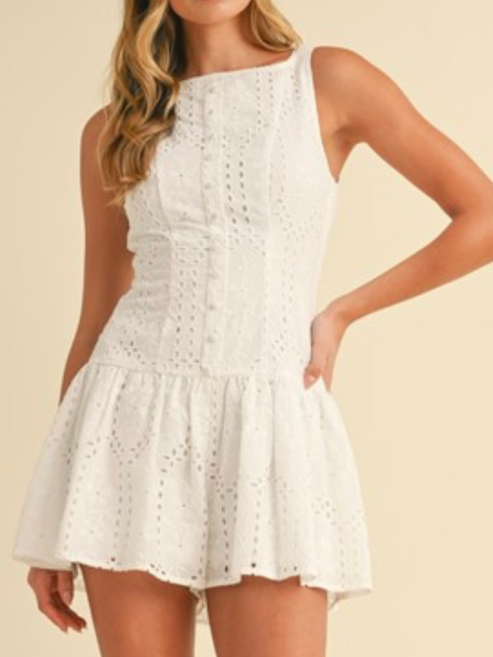 White Eyelet High Boat Neck Romper