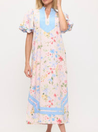 Blue Trim Pastel Puff Sleeve Floral Midi Dress