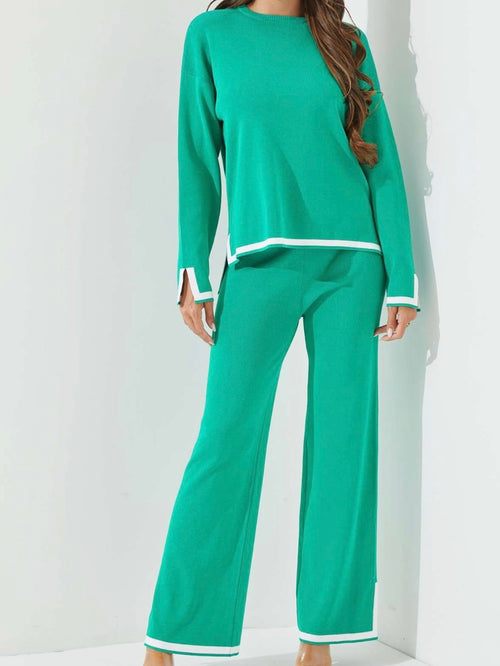 Green Contrast Stripe Knit Set