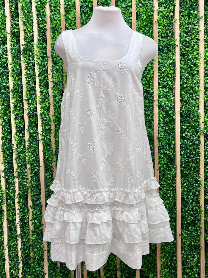 White Eyelet Ruffled A Line Short Dress