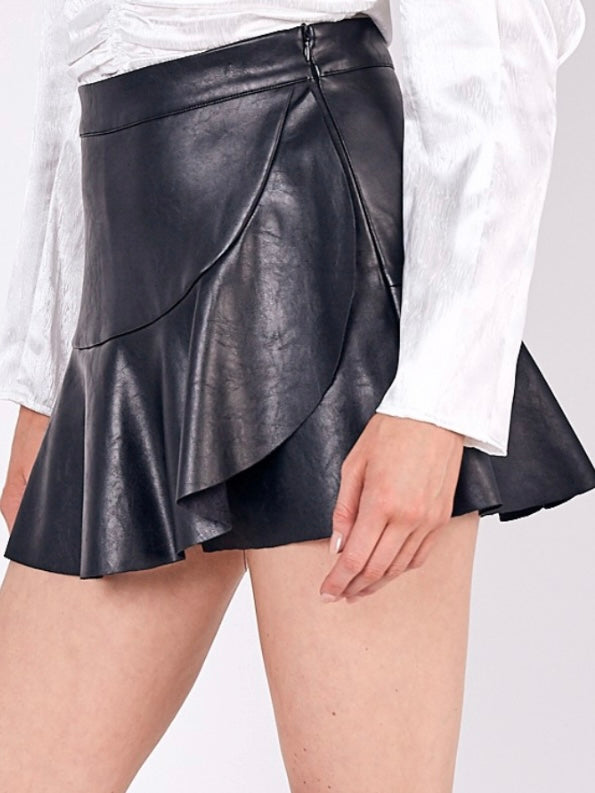 Black Pleather Ruffled Skort