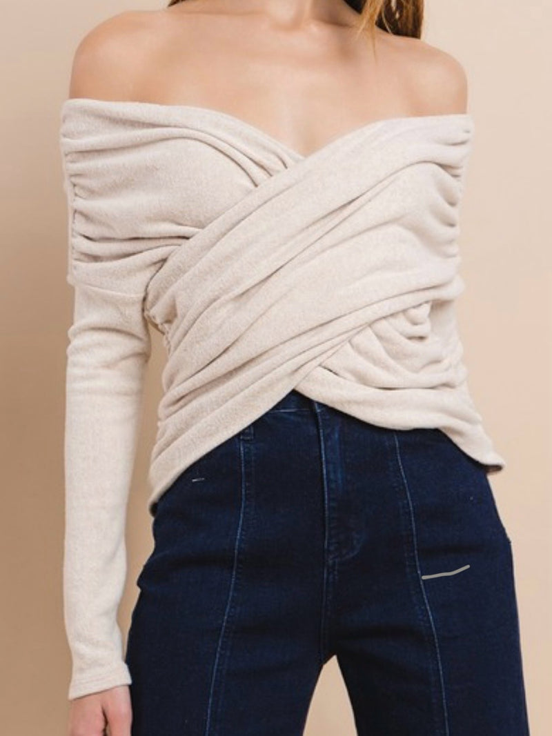 Beige Off Shoulder Crossed Top