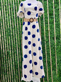 Navy Dots Bubble Sleeve Crop Blouse
