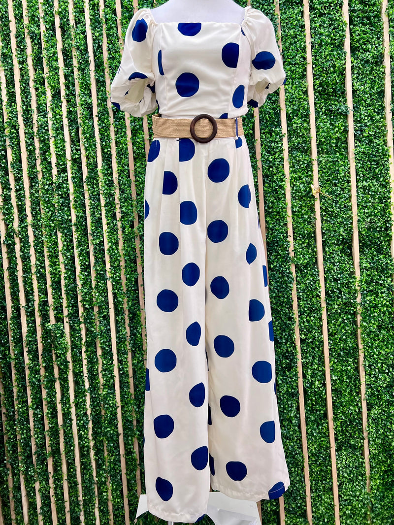 Navy Dots Bubble Sleeve Crop Blouse