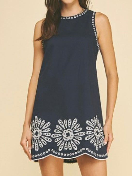 Navy Embroidered Trim Dress