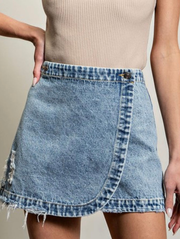 Stone Washed Wrap Denim Skirt