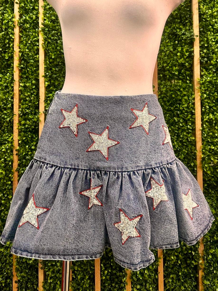 Stars Sequin Drop Waist Denim Skirt