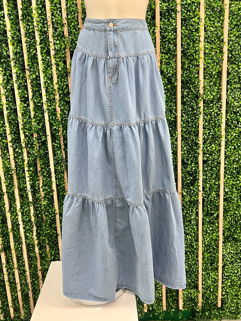 Tiered Maxi Denim Skirt