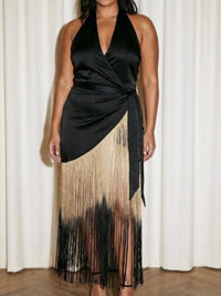 Fringe Halter Wrap Maxi Dress