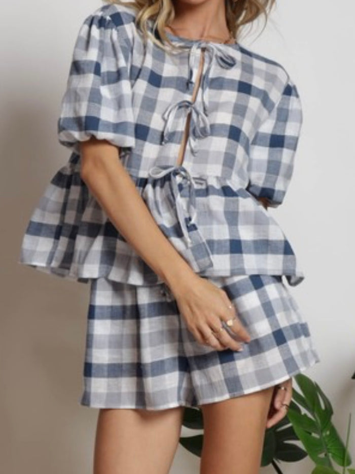 Blue Checker Front Bow Tie Short Pant Set