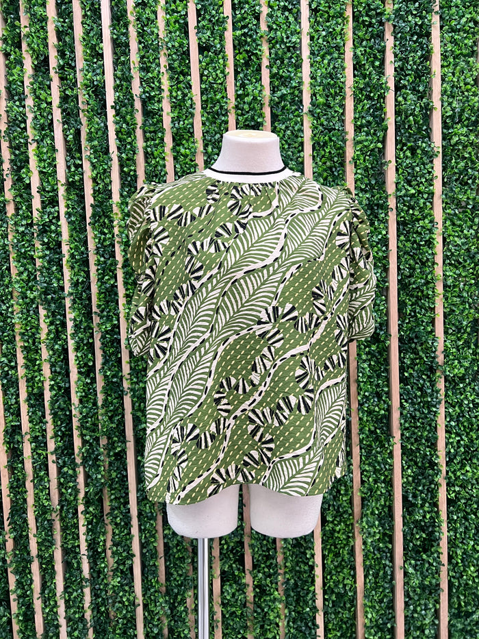 Green Print Ruched Sleeves Blouse