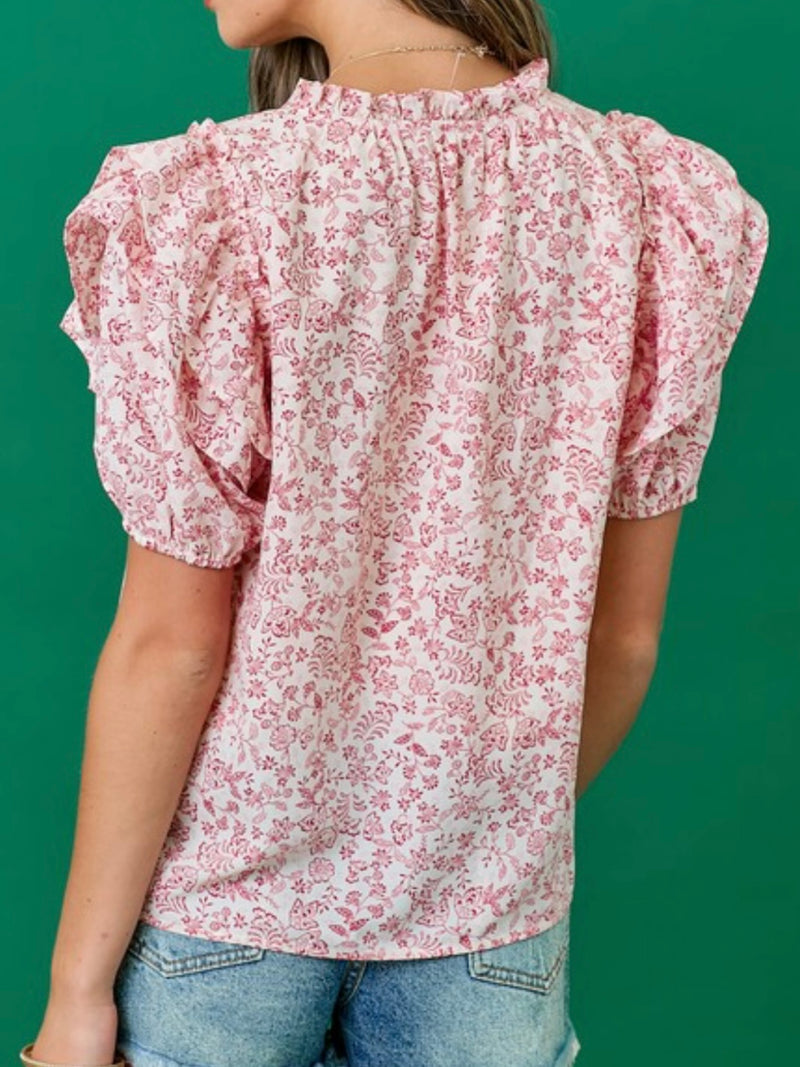 Ivory Red Print Puff Sleeve Blouse